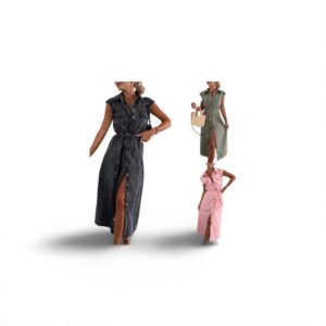 Women's Casual Sleeveless Lace-up Long Dresses Fashion Pockets Solid Party Office Elegant Lapel Single Breasted Denim Dress Summer